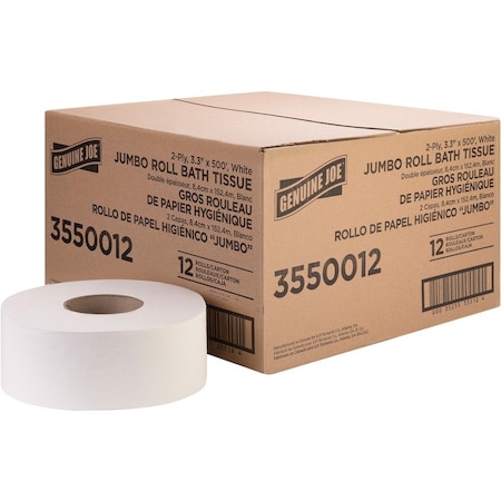 Genuine Joe Jumbo Jr Dispenser Bath Tissue Roll - 2 Ply - 3.3in x 500' - 8.88in Roll Diameter - White, 12PK GJO3550012